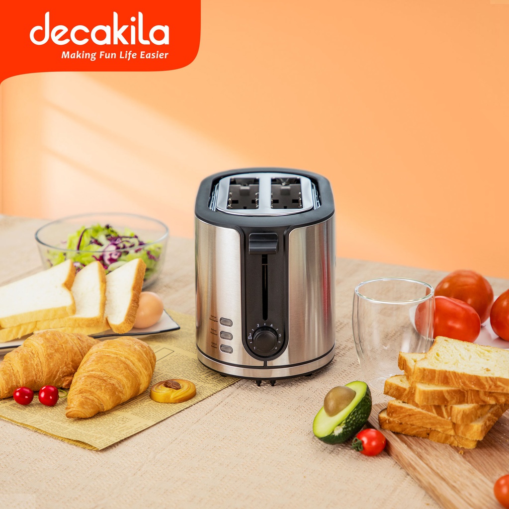 TOSTADORA DE PAN 2 REBANADAS ACERO INOXIDABLE 900W DECAKILA 4W PLATEADO