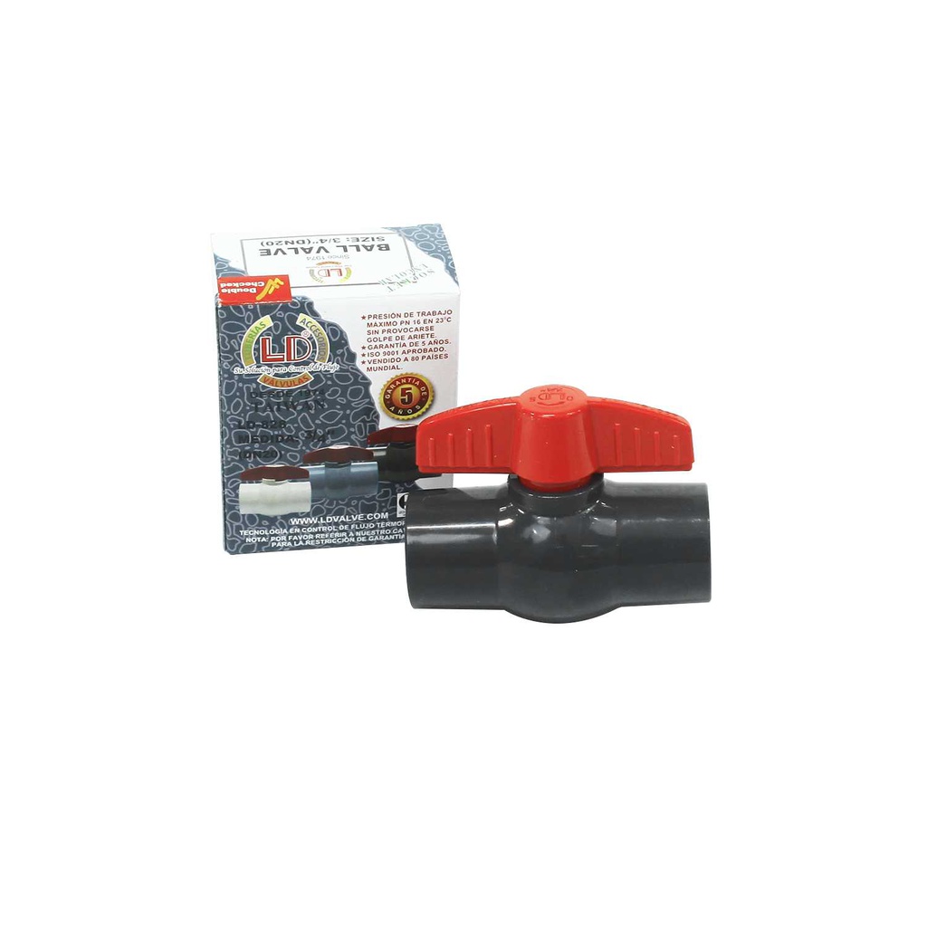 Valvula balin 3/4" pvc sin rosca perilla roja ld-828 gris