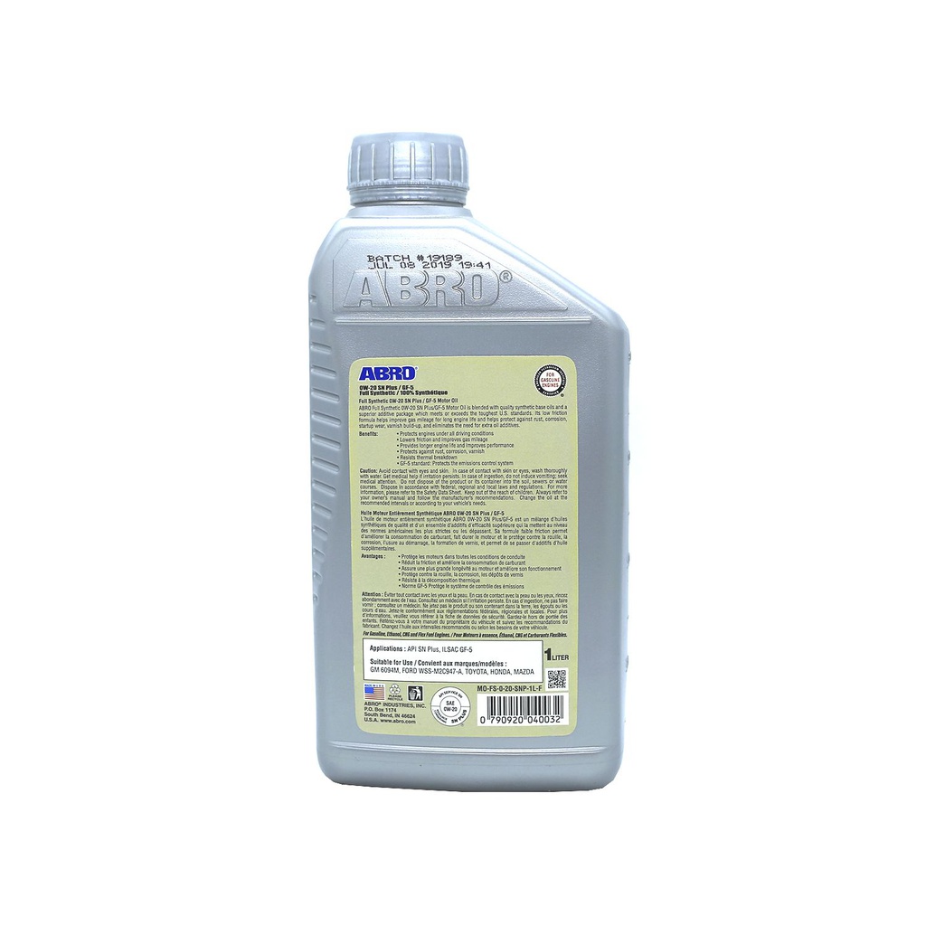 Aceite de motor 0w/20 1-lt plus full sintetico abro