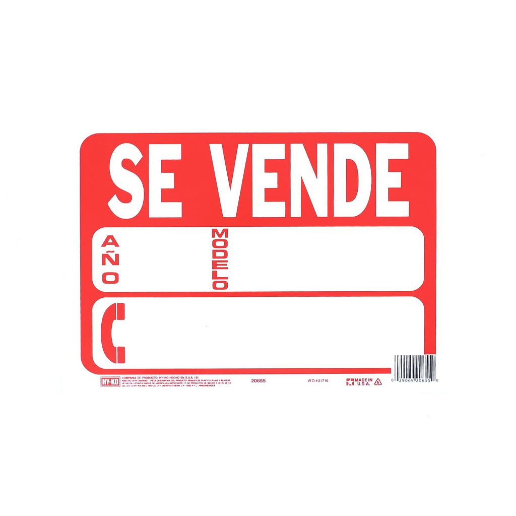 Rótulo plástico "se vende auto" 9x12" 20655