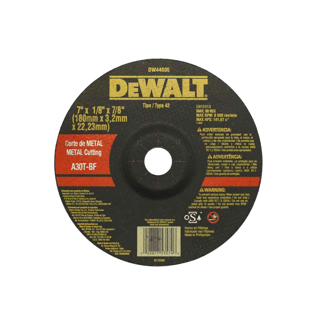 Disco cortar metal 7x1/8x7/8" dewalt dw44605