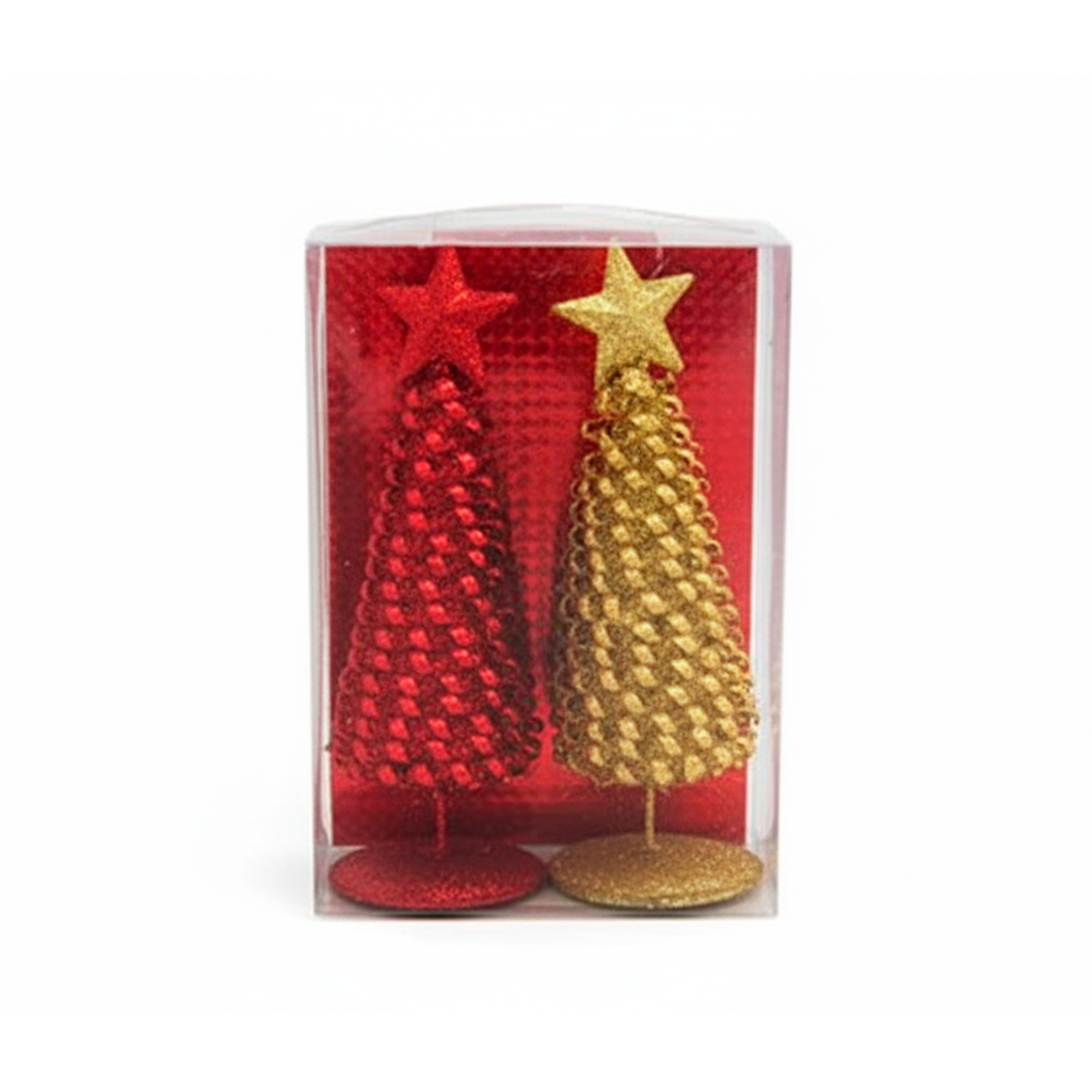 Adorno navideño pino decorativo de metal 2pc 6x20cm dorado/rojo