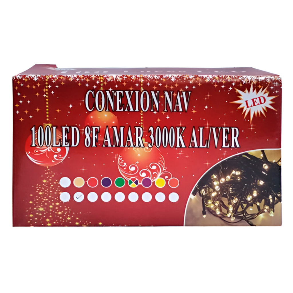 Conexion  navideña 100l 8f 5m blanco calido  cable verde 052
