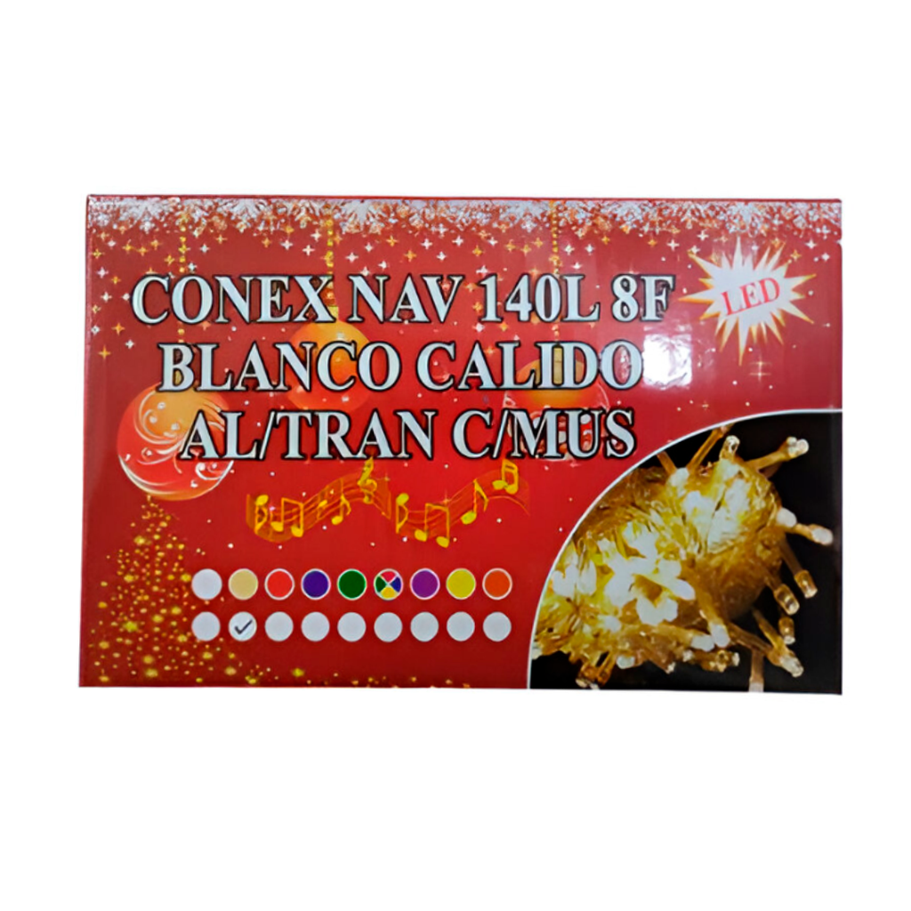 Conexion  navideña 140l 8f 7m blanco calido cable transparente con musica