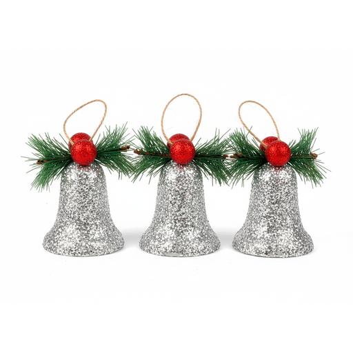 [103722] Adorno navideño campana colgar 3pc 7x10cm plateado