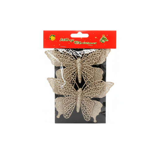 [116331] Adorno navideño mariposa 2pc 17cm champagne