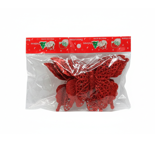 [130935] Adorno navideño mariposa 3pc 10cm rojo