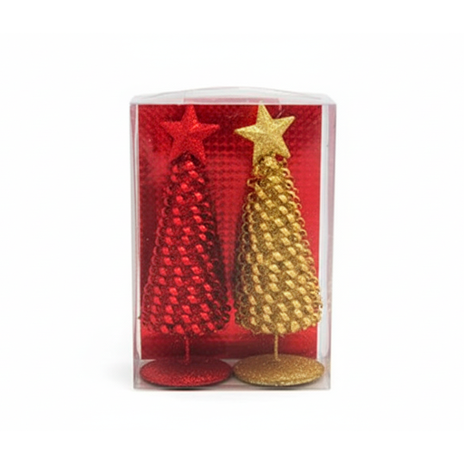 [92375] Adorno navideño pino decorativo de metal 2pc 6x20cm dorado/rojo