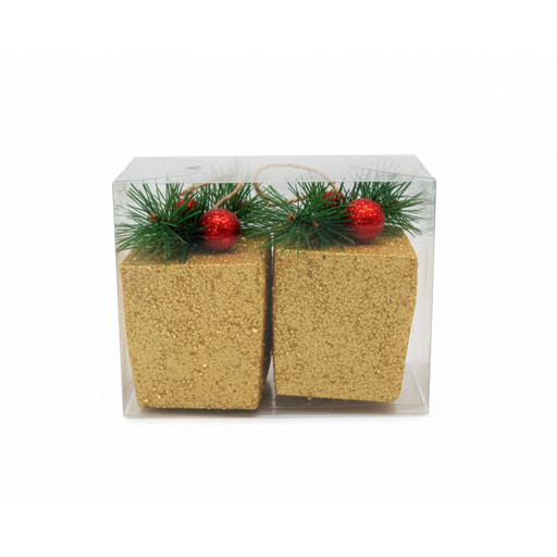 [103726] Adorno navideño regalo colgar 2pc 8x11cm dorado